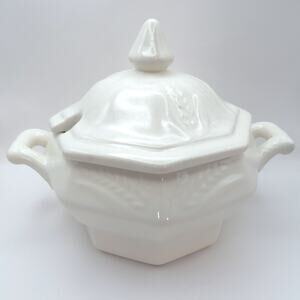 Vintage California Pottery Octagonal Soup Tureen w/ Lid Wheat Relief Ironstone